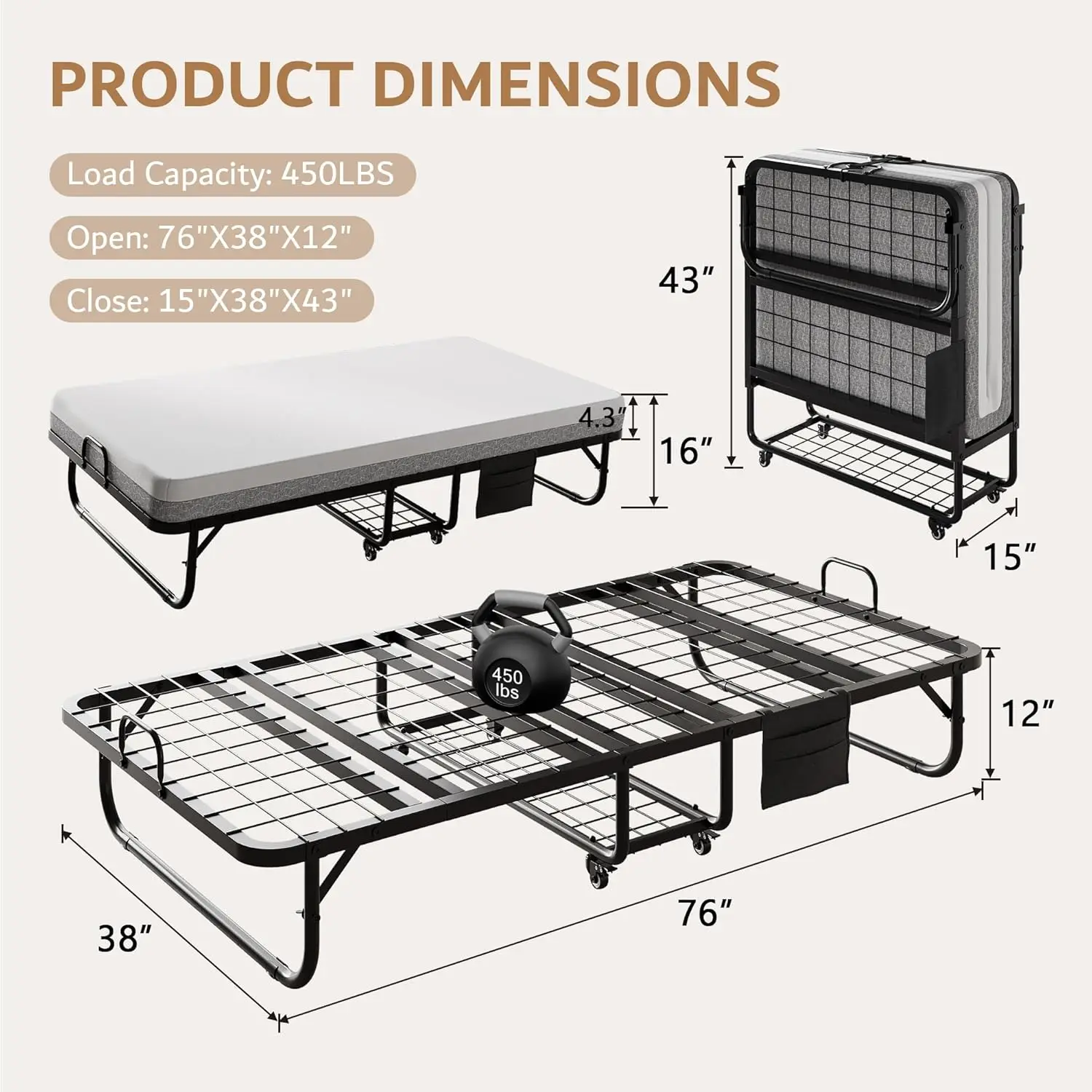 سرير قابل للطي مع مرتبة، سرير مزدوج قابل للطي مقاس 76 بوصة × 38 بوصة مع جيب جانبي ورف تخزين، سرير محمول قابل للطي للبالغين، قابل للطي #3