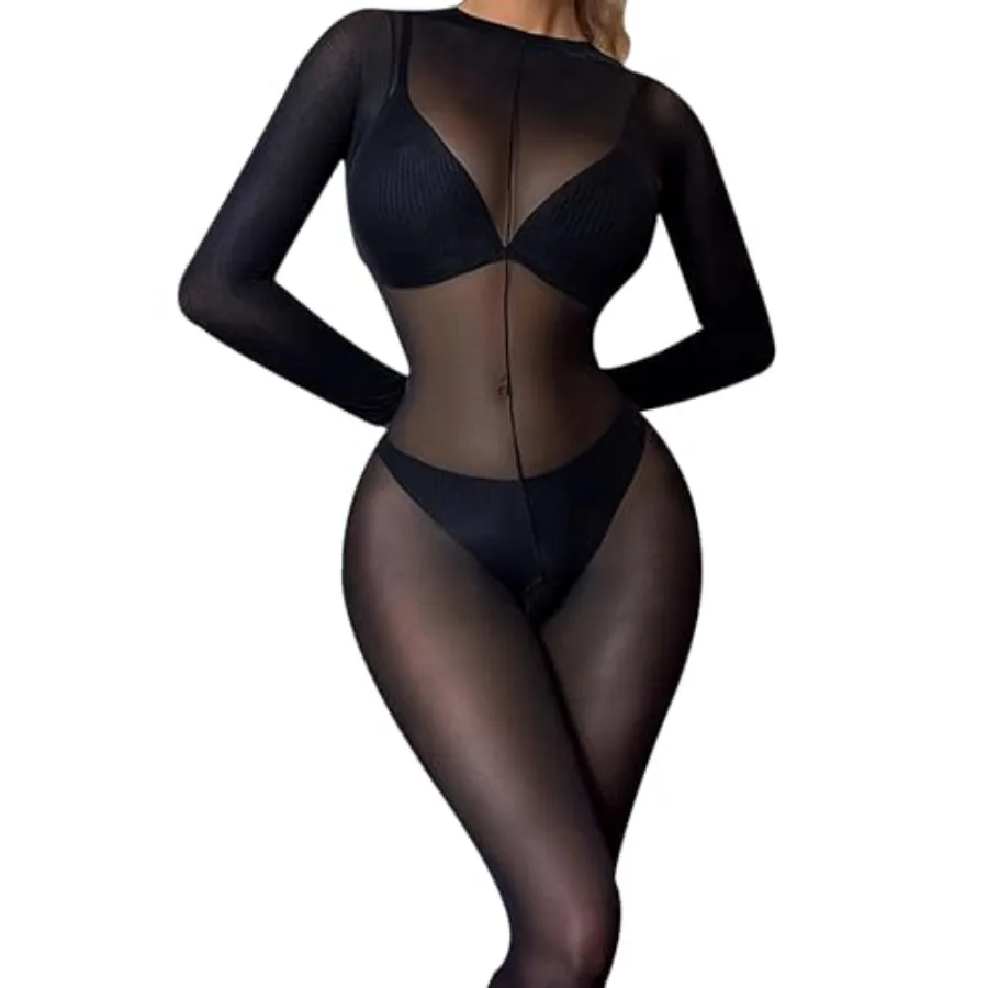 

Women Lingerie Fishnet Bodysuit Sparkle Rhinestone Sexy Mesh Teddy Lingerie One Size