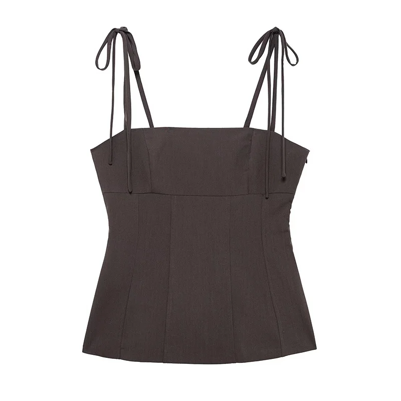 

Willshela женские модные коричневые топы на шнуровке с открытой спиной и боковой молнией винтажные тонкие бретели с квадратным воротником женский шикарный женский топ