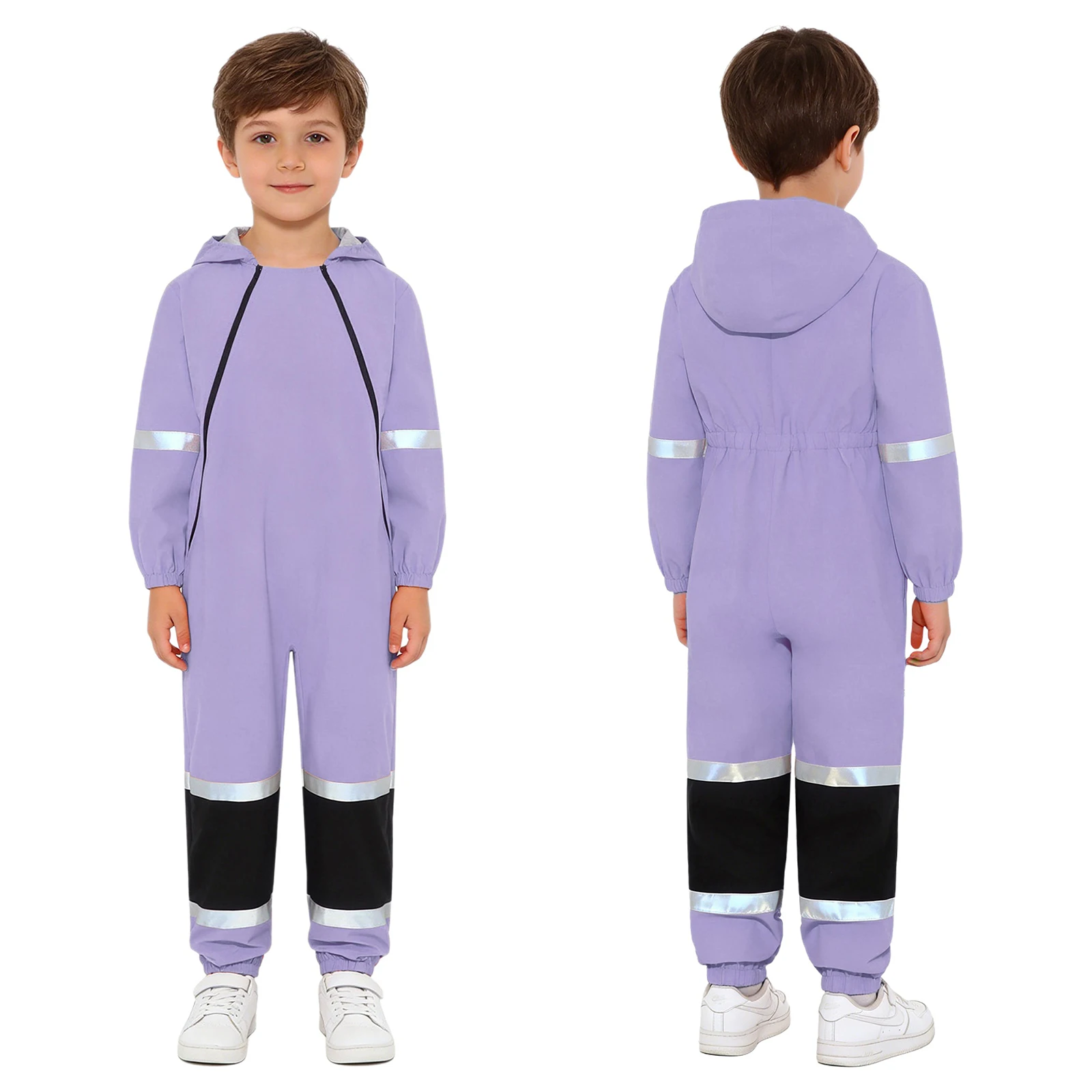 Kinder-Regenanzug Wasserdichter Sicherheits-Regenmantel mit Hoher Sichtbarkeit Langarm-Reißverschluss-Kapuzenoverall Poncho für Regentage-Aktivitäten
