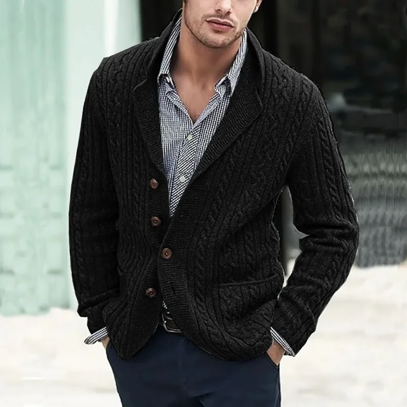 Men's Knitted Cardigan Autumn/Winter Fashion Casual Men's Cardigan Long Sleeve Collar Pocket Twisted Flower Men's Wear