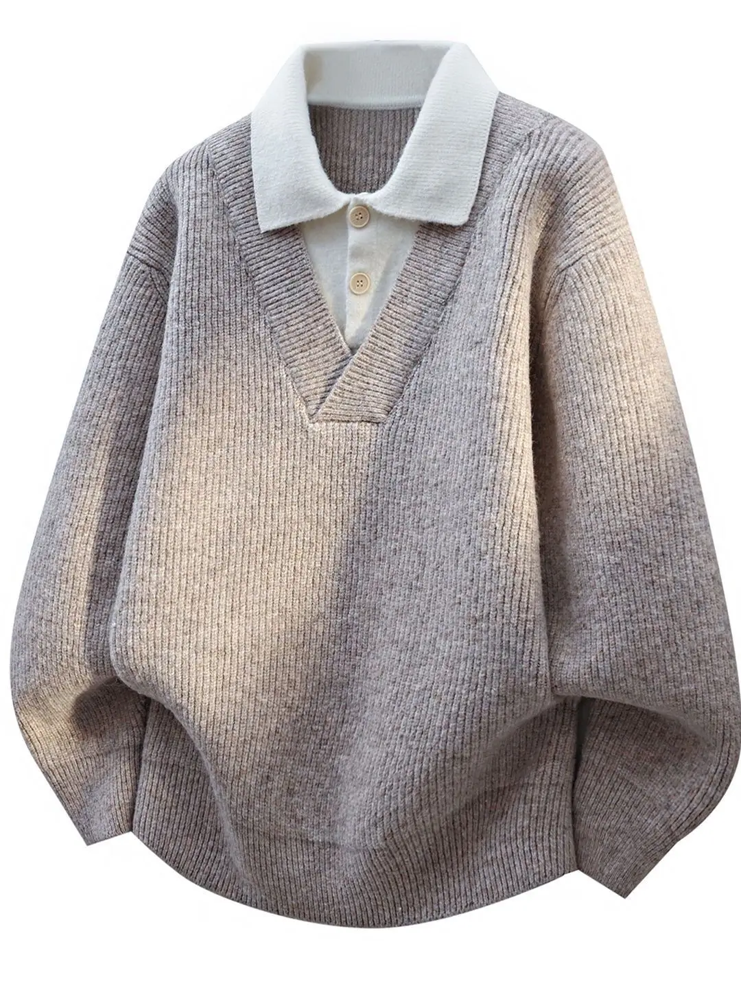 

Мужской вязаный свитер премиум-класса с эффектом двухслойности, с воротником, осенне-зимний, модный, с цветными блоками, длинный рукав, из полиэфирного волокна, теплый