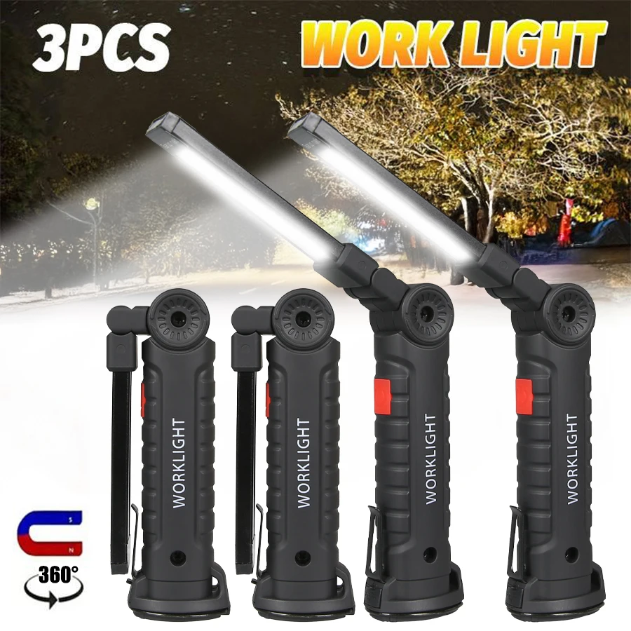 COB LED Work Light Dimmable USB Rechargeable 18650 Battery LED Flashlight Inspection Lamp with Magnetic Hook Power Bank Torch