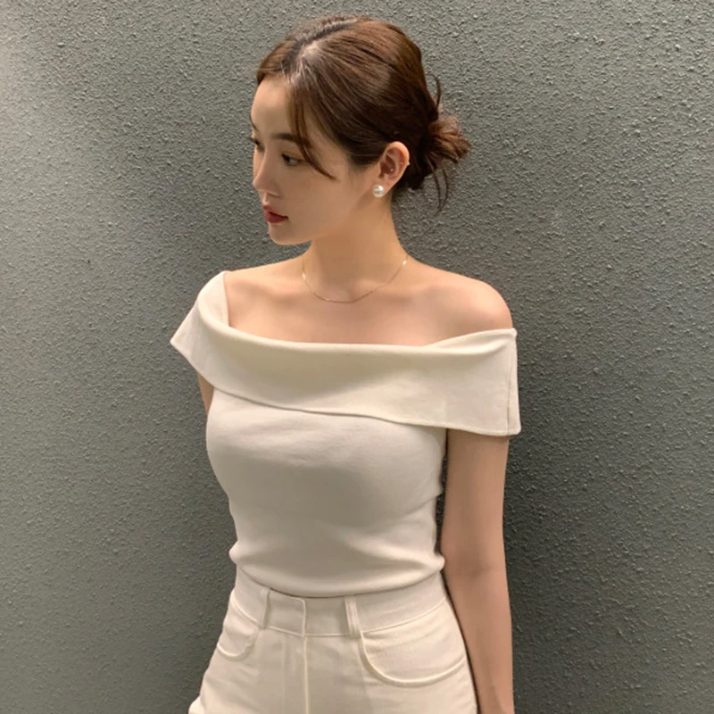 

Chic Summer Slim Fit Striped ort Sve Knit Top Women's oulder Bared One-oulder Knitted Sweater Korean Sle Commute