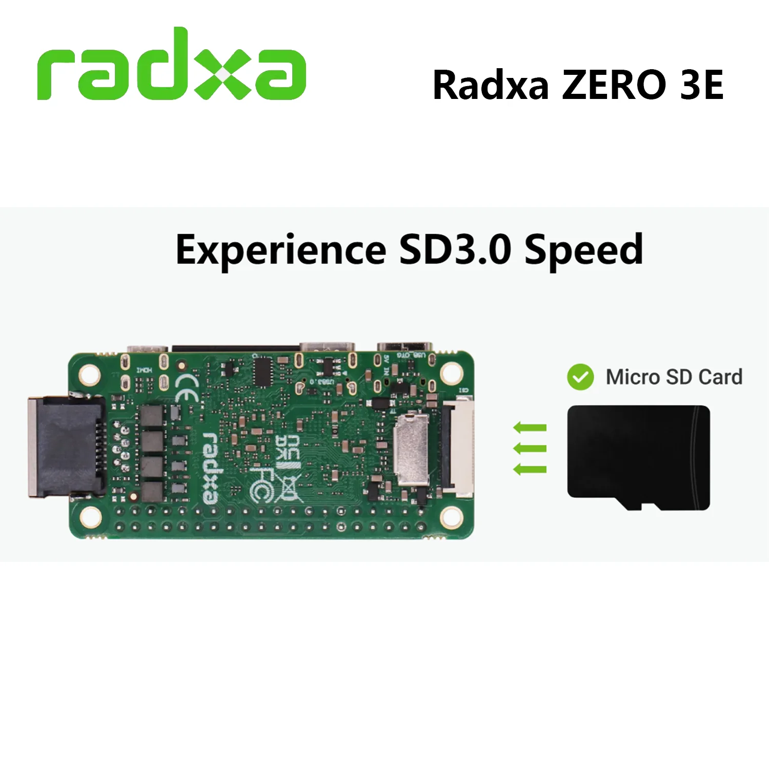 Placa de desenvolvimento Radxa ZERO 3E, Braço Quad Core, RK3566®Córtex córtex™SBC minúsculo com Ethernet Gigabit, Micro HDMI, 1080P @ 60fps,-A55