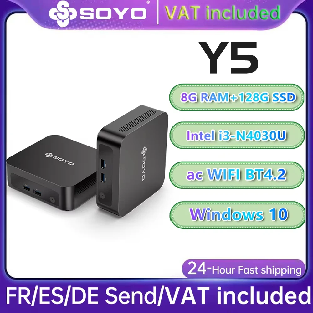 SOYO Mini PC Y5 Intel i3 4030U 8 Go de RAM 128 Go de ROM Windows 10 WiFi BT4.2 Ordinateur de bureau