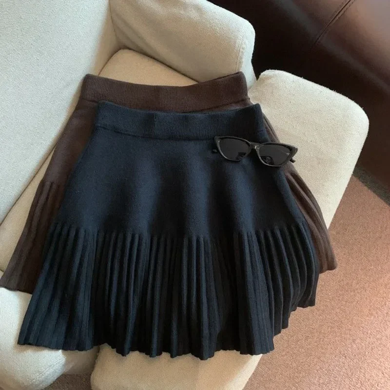 Smvp 2024 Otoño Invierno nueva falda acampanada de cintura alta mujeres camisas plisadas tejidas señora Color sólido estilo Preppy Mini faldas
