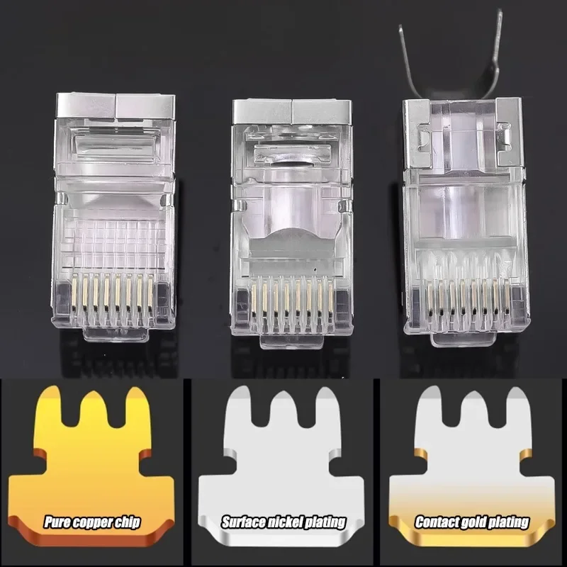 Cat7 Cat6 Shielded Pass Through RJ45 Connectors Cat 5 Gold Plated Modular Plugs for Solid or Stranded FTP/STP Ethernet Cable