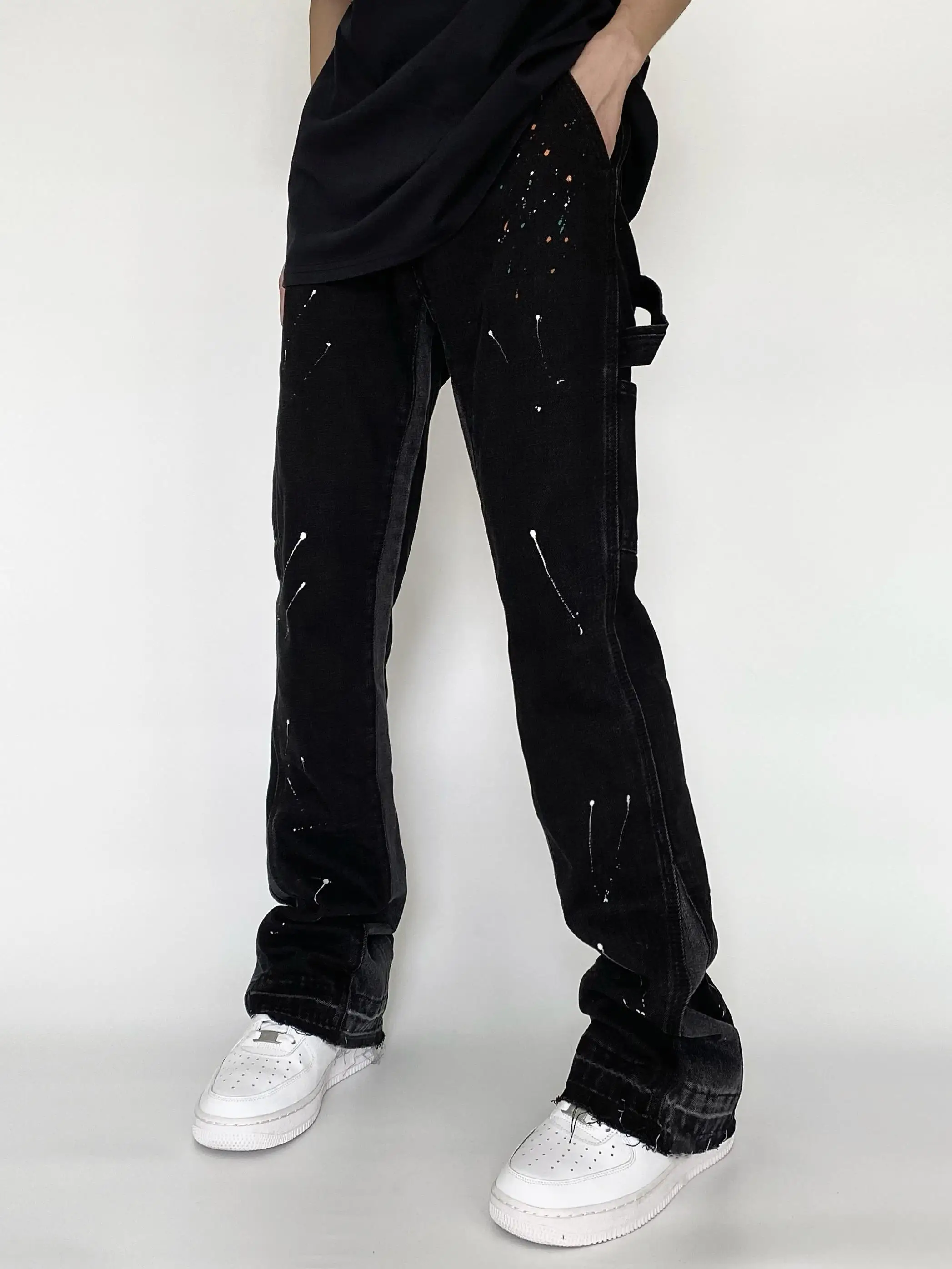 

American High Street Splatter Painted Denim Jeans Gallery Vibe Micro Flared Staable Long Pants Casual Loose Bell Bot