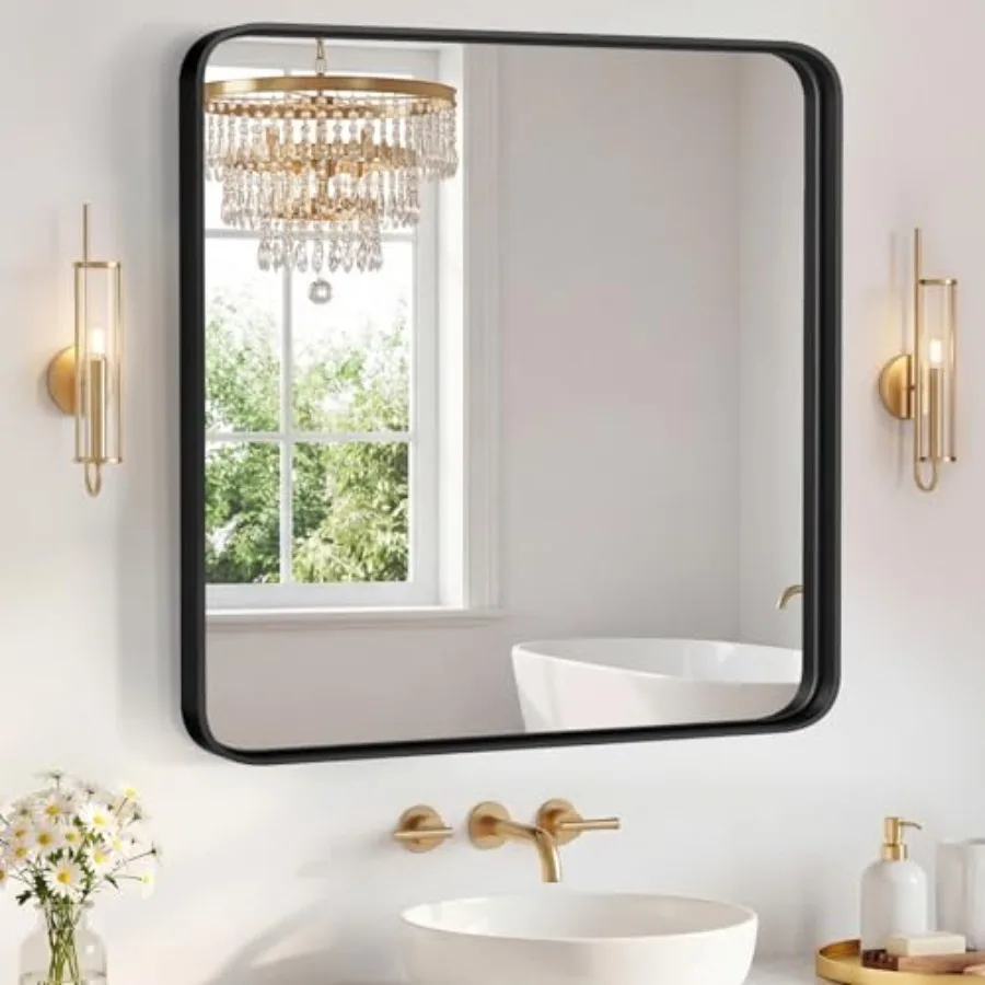 

Bathroom Mirror 36x36 Inch Metal Framed Rounded Rectangle Vanity Mirror for Wall Over Sink Farmhouse Restroom Anti-Rust Modern