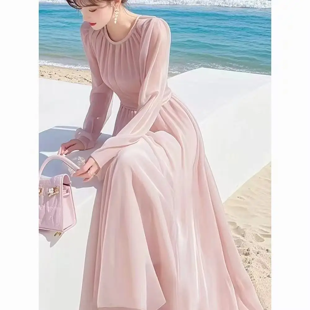 

RAIN YAN LIN Французское элегантное шифоновое платье для женщин: с круглым вырезом, длинными рукавами, завышенной талией, приталенное, А-силуэт, длинное, повседневное, красивое платье