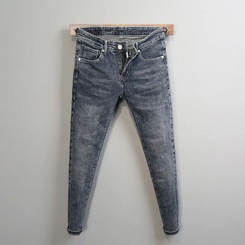 

Мужские джинсы скинни, модные брендовые осенне-зимние корейские новые синие джинсы в стиле ретро, мужская одежда, облегающие эластичные брюки, брюки