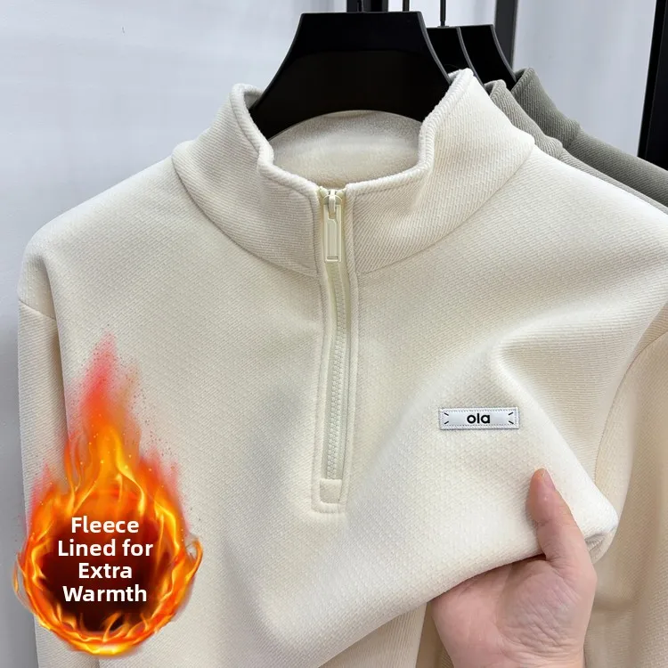 

Thiened Fce High Collar Men's Sweatirt Zipper Design Warm Casual Inner Wear Polyester Fiber Long Sve Winter Top