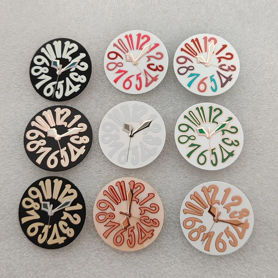 Quadrante dell'orologio in smalto con personalità artistica del fumetto arabo da 33,2 mm per movimento automatico NH35 Lancette verdi Lume Custodia Mod