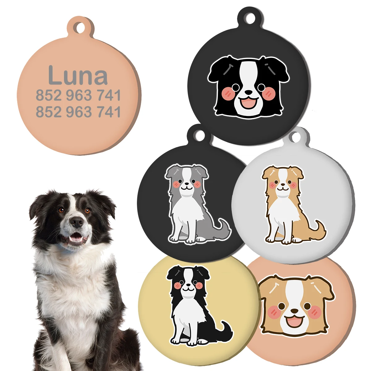 Border Collie Dog Customized Name ID Tag Personalized Cute Stainless Steel Dog Collar Pet Keyring Pendants Accessories Gift