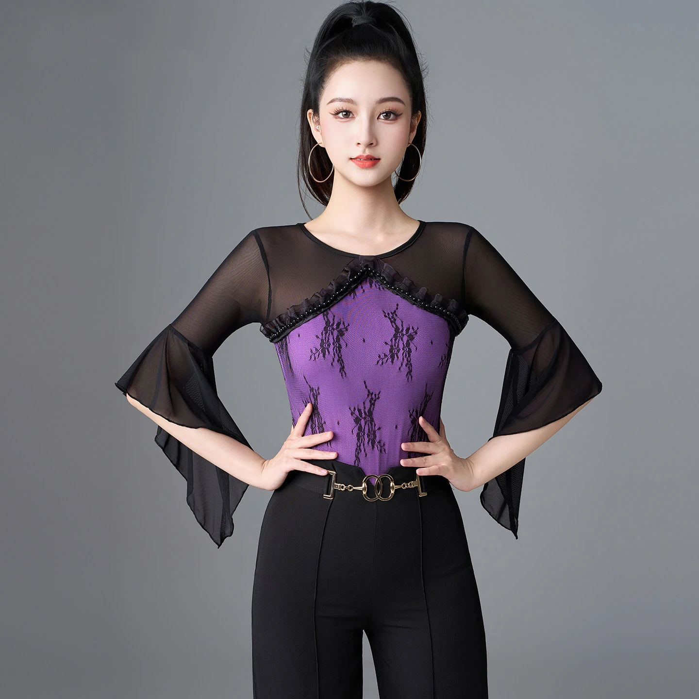 

Professional Modern Dance Performance Costumes For Woemn Mesh Sleeved Bodysuit Waltz Latin Tops Ballroom Performance Wear XH4988