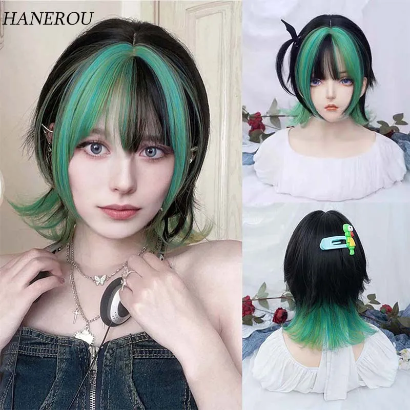 

Synthetic Short Mullet Head Wigs Black Mixed Green Wig With Bangs Straight Anime Hair For Women Daily Party Cosplay Lolita Wig