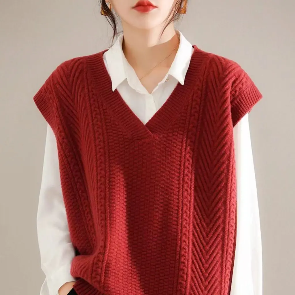 

Retro Twist Knitted Vest for Women V-Neck Off-Shoulder Sweater Waistcoat Autumn Winter Lazy Style Outer Wear