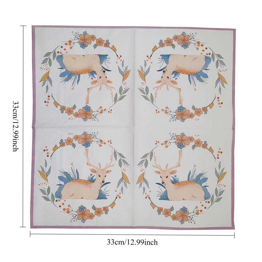 10/20 قطعة مناديل مطبوعة على شكل غزال إكليل الزهور، مناديل ورقية من الدرجة لحفلات موضوع الغابات، عيد الميلاد، عيد الميلاد، زينة الزفاف