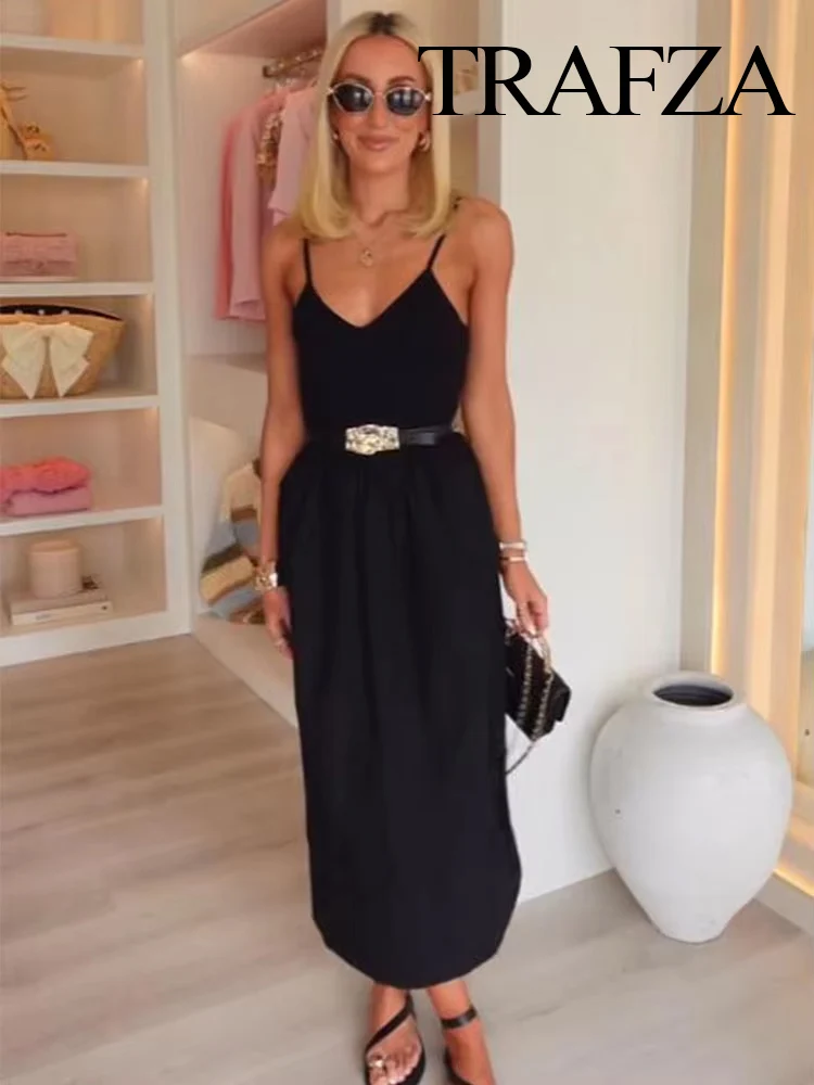 

HH Women Summer V-neck Belt Spliced ​​Midi Suspender Dress Female Sexy Backless Elegant Pleated Slim Sleeveless Dress Mujer