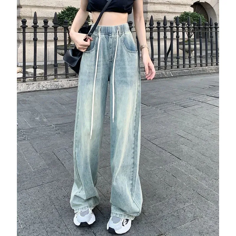 Frauen Mop Denim Pantalons Retro Frau hoch taillierte breite Beine Cowboy hose Sommer Dame elastische Taille gerade Zylinder Jeans