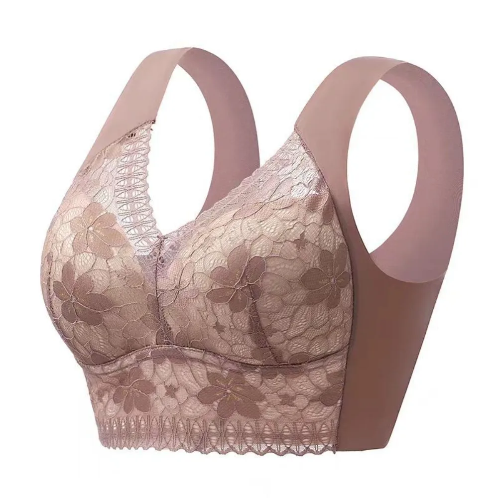 

Plus Size Lace Women's Underwear Shockproof Comfortable Wireless Deep V Bra Lingerie Close-fitting Seamless Bra Seniors