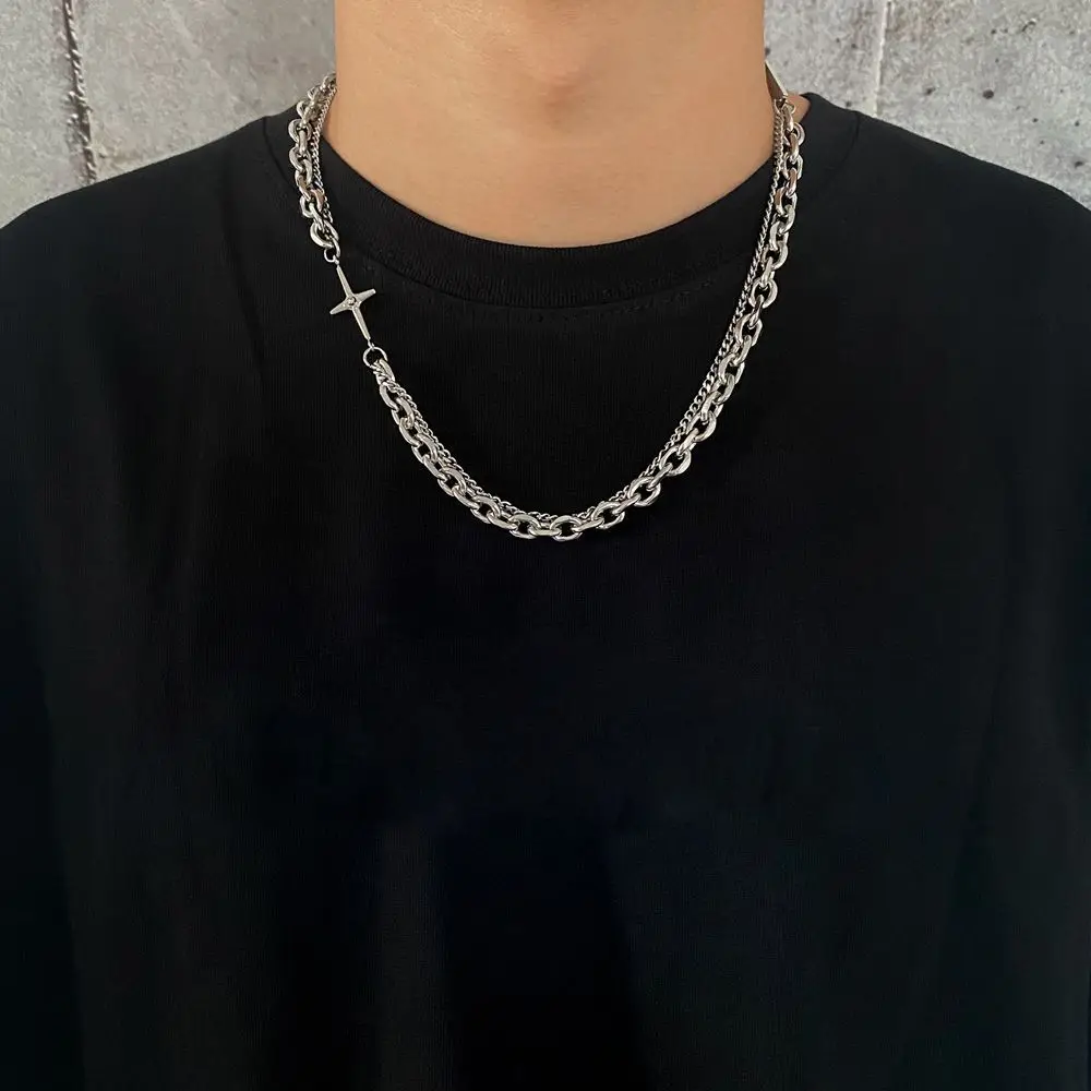 Korean Double Cross Necklace Hip Hop Punk Titanium Steel Irregular Geometric Hollow Clavicle Chain The Same Bracelet