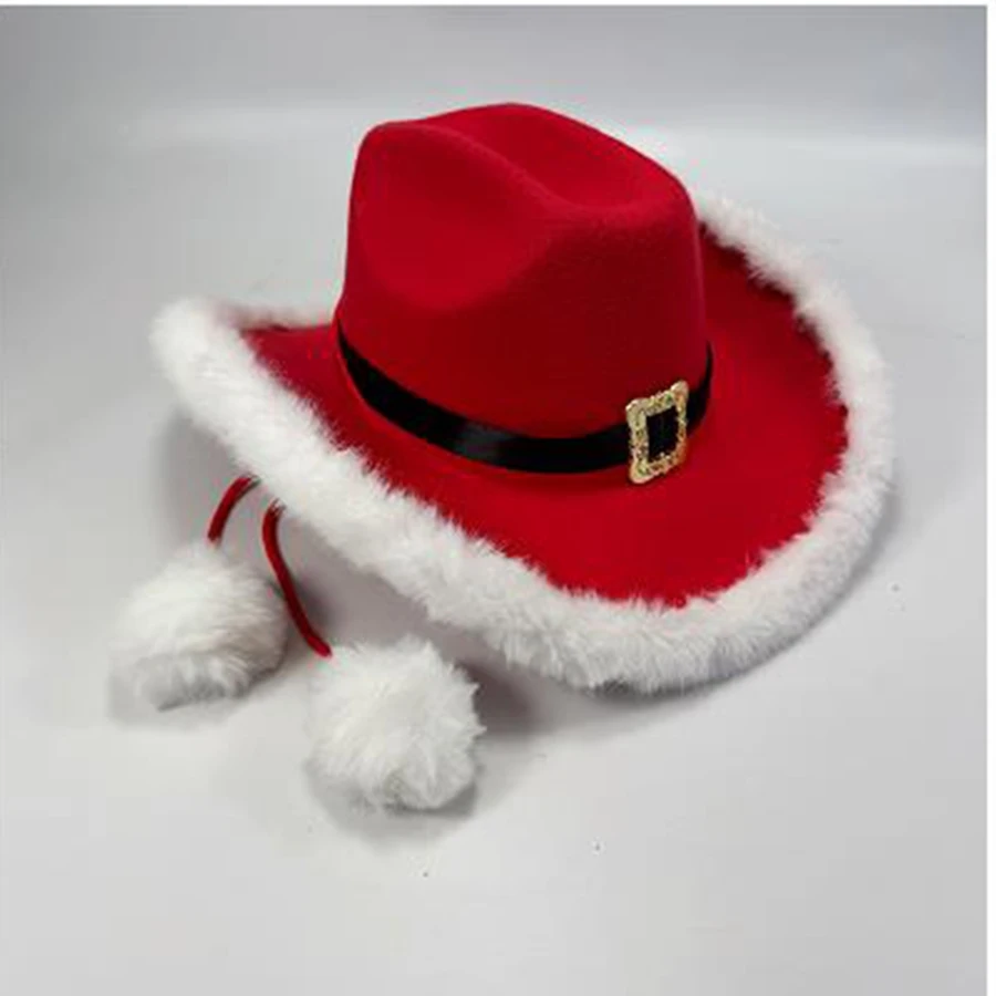 Red Christmas Cowgirl Hat White Fur Trim and Plush Ball Strings Western Hats for Women Men
