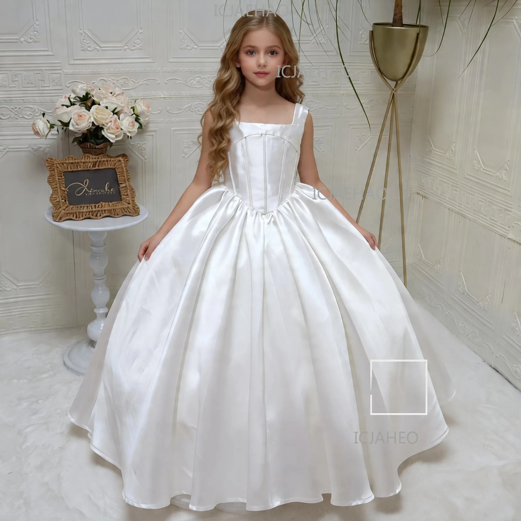 Girls Spaghetti Strap Dress, Waist-Cinched Shoot White New Formal Dress Birthday Dress Children Maxi Long Gown, Elegant Photo
