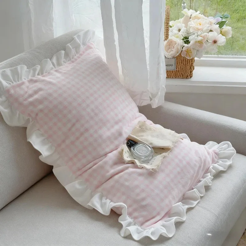 2PC 48x74cm Milk Velvet Plaid Pillowcase Ruffle Edge Decorative Pillow Cover Sofa Bedroom Bed Cushion Cover Home Decoration