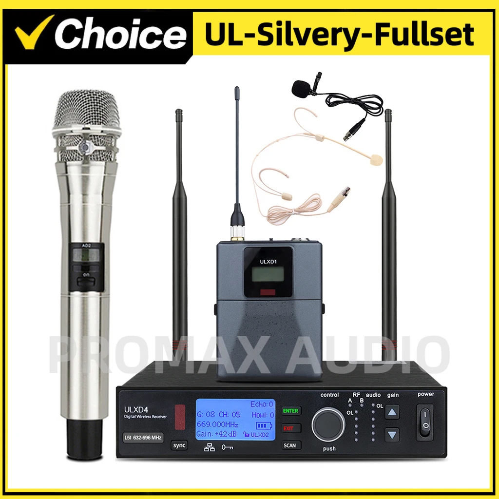 ULXD4-KSM8-Silvery-Fullset 500/600MHz Profeesional Wireless Microphone System Long Distance UHF Stage Performances Party