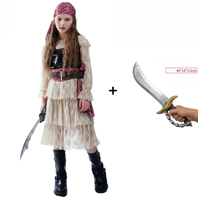 Pirate Costume Lace Dress with Bandana for Halloween Cosplay Party Stage Performance Outfit Stage Festival COS Costumes Set