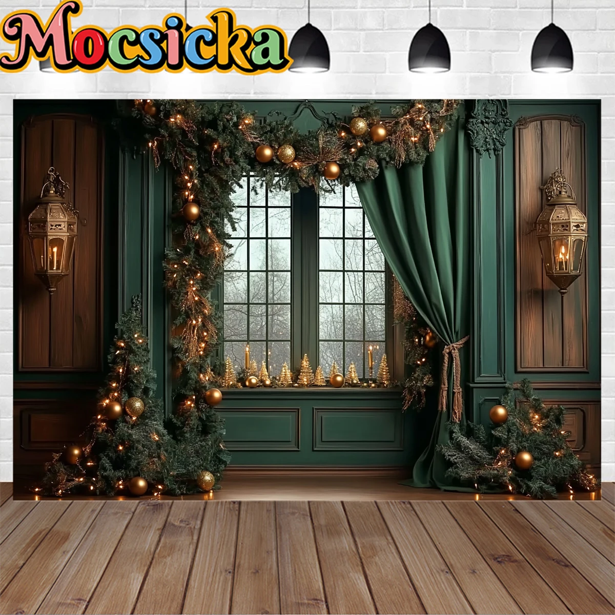 Christmas Room Window Background Photography Vintage Green Curtains Lanterns Wooden Backdrop Winter Family Birthday Party Photo