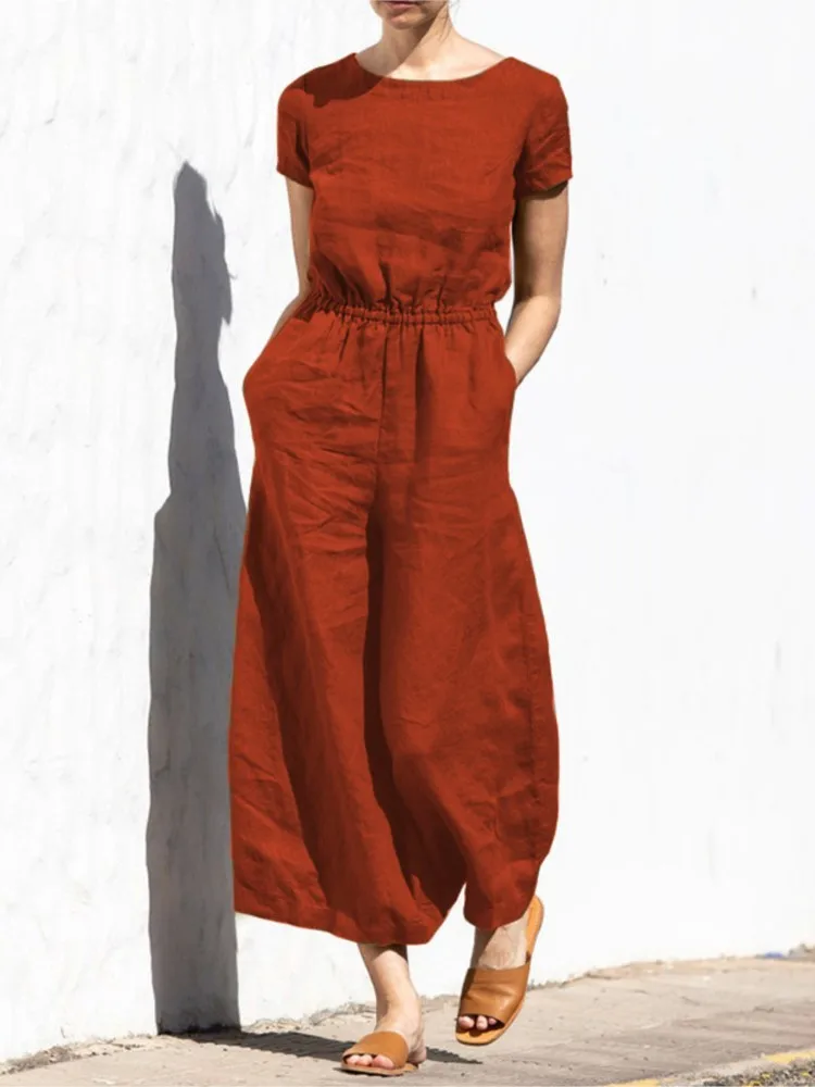 Fashion Buttoned Women Wide Leg Pant Jumpsuit Summer Solid Round Neck Short Sleeve Pocket Playsuit Ladies Loose One-Piece Pants