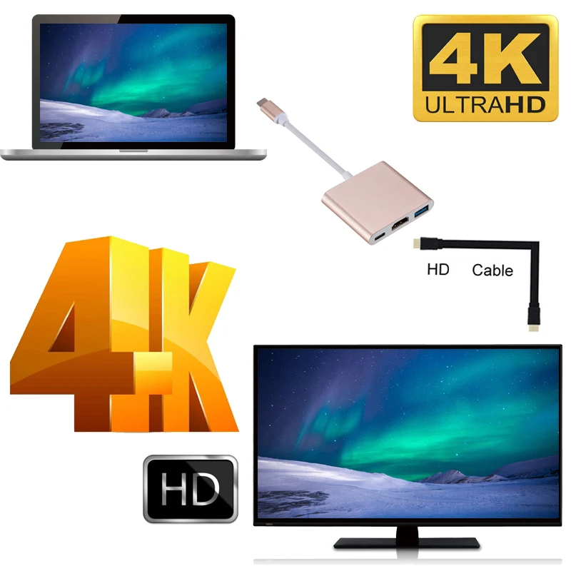 3 в 1, адаптер с портом Type-C на HDMI, 4K, 2K, USB 3,0, OTG, зарядный адаптер, аудио-и видеокабель, USB-концентратор, USB C 3,1 для Macbook, XIAOMI