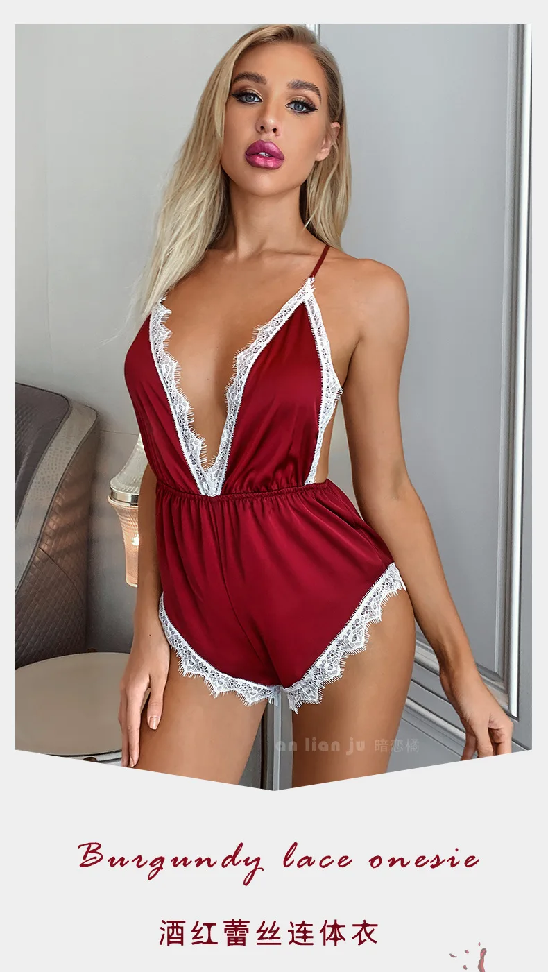 بدلة فاخرة ومثيرة عميقة على شكل حرف V مغرية باللون العنابي بدون ظهر وخصر رفيع للغاية وعالي الجودة من الساتان الناعم والدانتيل