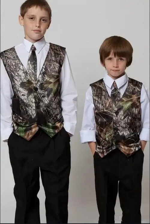 Cute Camo Boy's Formal Wear Vests With Ties Camouflage Groom Boy Vest Cheap Satin Custom Formal Wedding Vests Camouflage