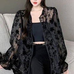 Women Chinese Style Vintage Sunscreen Cardigan Shirt Sexy Mesh See Through Loose Blouse Summer Black Long Sleeve Thin Tunic Tops