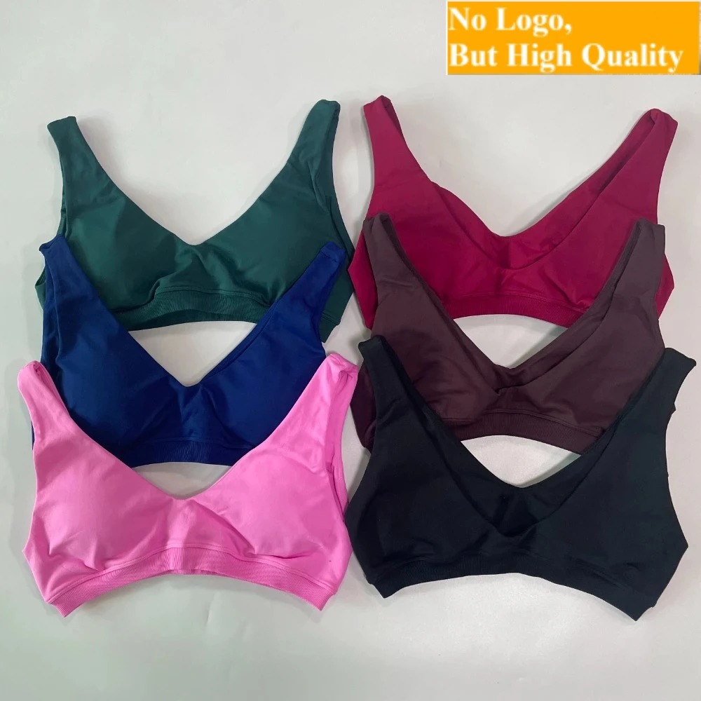 NO LOGO Women Scoop Backless Sports Bra V Neck Seamless Gym Top Workout Yoga Crop Tank Tops With Removable Pads Push Up Bras