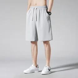 Shorts Men Short Pants Lace Up Elastic Waist Mid Length Pant Solid Casual Loose Regular Straight Trousers Pockets 2024