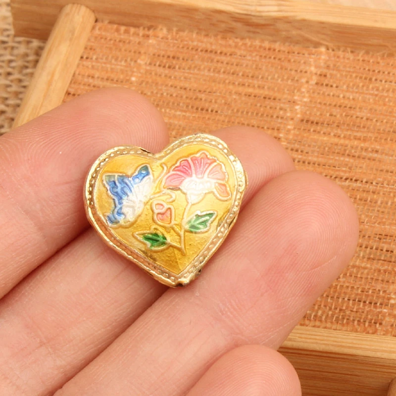 5Pcs DIY Enamel Heart Shape Beads Chinese Ethnic Cloisonne Handmade Love Beads Earrings Bracelets Pendant Jewelry Making