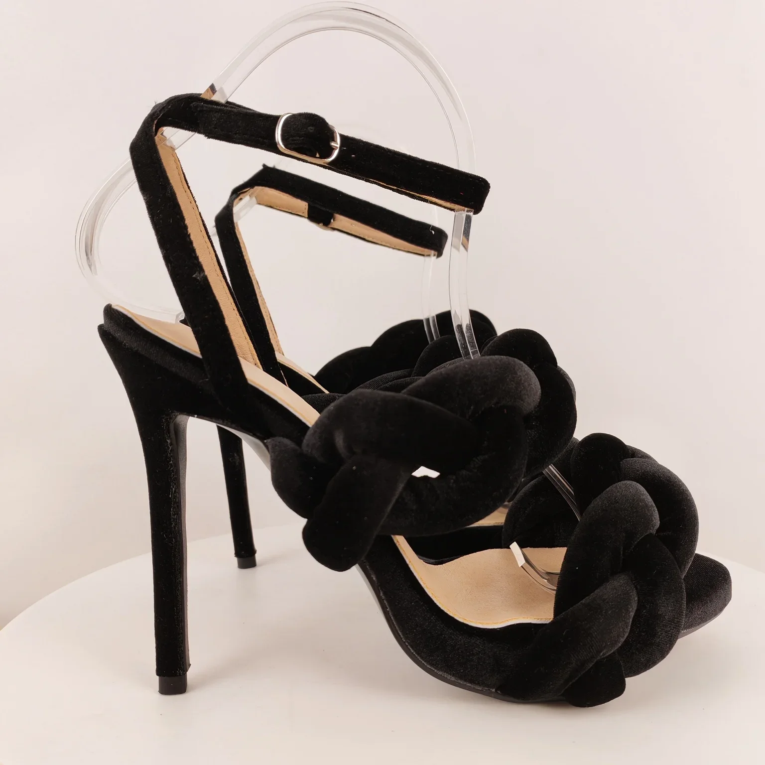 Black Braided Velvet Women Stiletto High Thin Heel Pumps Sandals Buckle Ankle Strap Slingback Summer Sandals Daily Fashion Shoes