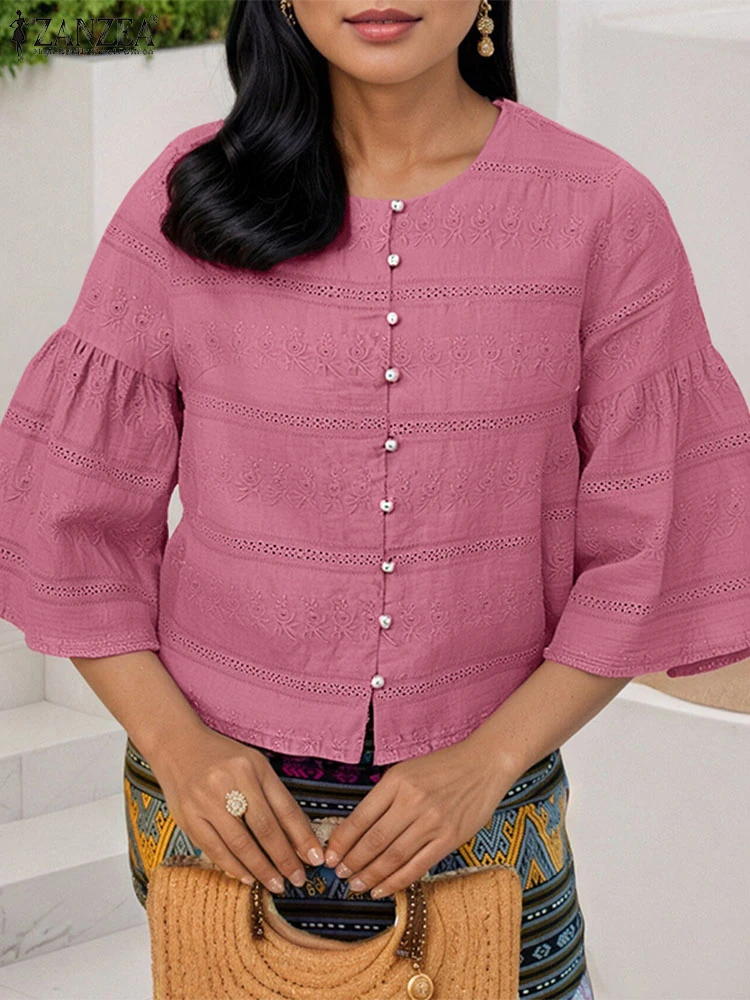 

ZANZEA однотонные топы с рюшами, женские повседневные туники, 2025 г., хлопковые винтажные кружевные блузки, ажурная блузка, блузки с расклешенными рукавами 3/4, блузки