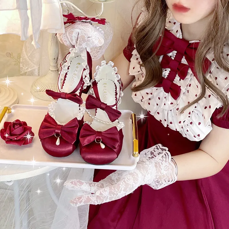 Japanese Girl Style Sweet Cute Lolita Bow Satin Single Shoes Women's Middle Heel Elegant Sandals Lo Small Leather Shoes Summer