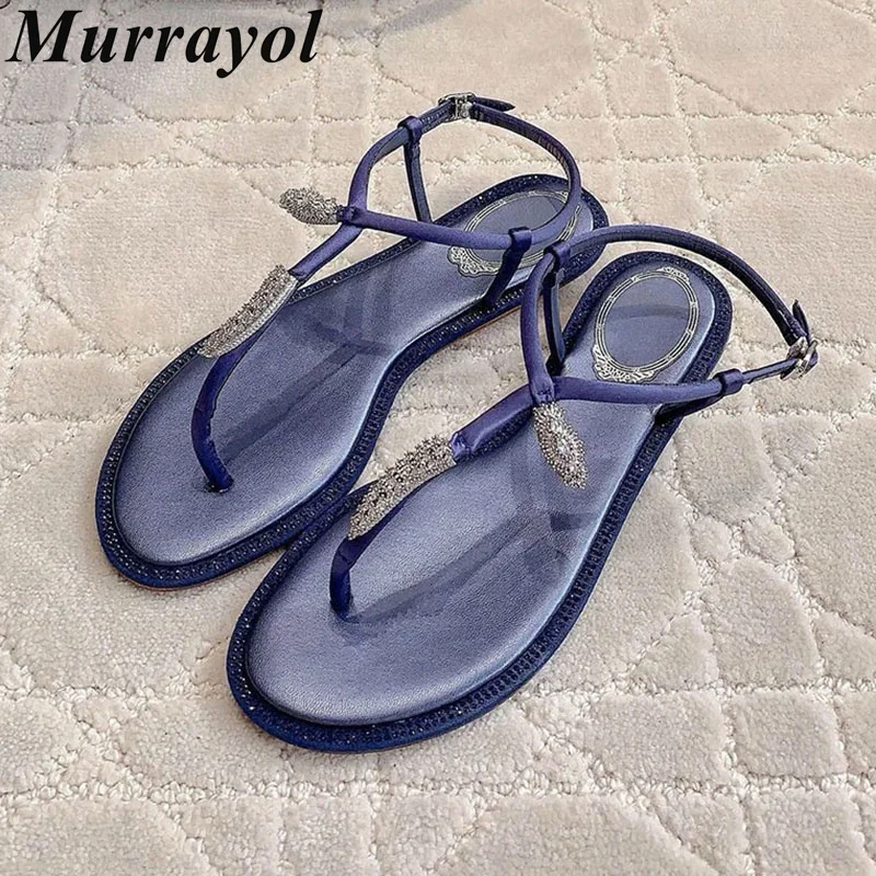 Sandals Bling Bling Rhinestone Decor Flip Flop Women Real Leather Pinch Toe Flats Bottom Sandalias Mujer Summer Vacation Shoes