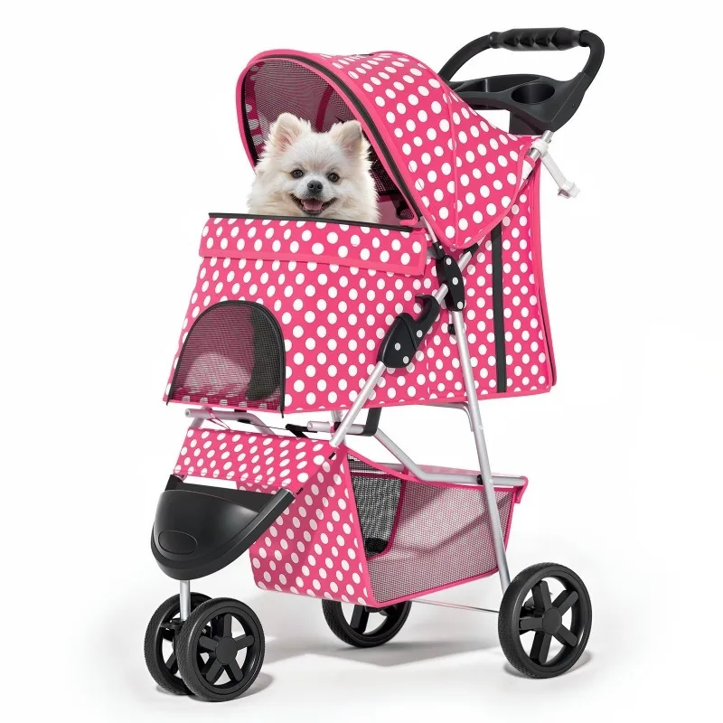 

3 Wheels Pet Dog Cat Stroller for Small Medium Dogs Cats, Foldable Jogger Stroller w/Storage Basket and Cup Holder, Hot Pink