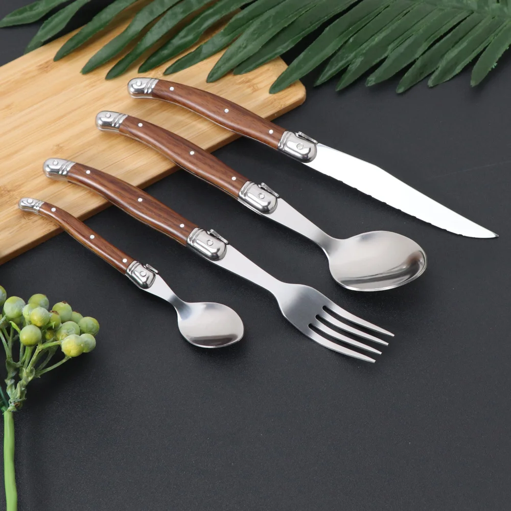 Jaswehome 4PCS Stainless Steak Knife Set Dinnerware Set ABS Wood Grain Handle Flatware Knife Fork Spoon Tableware