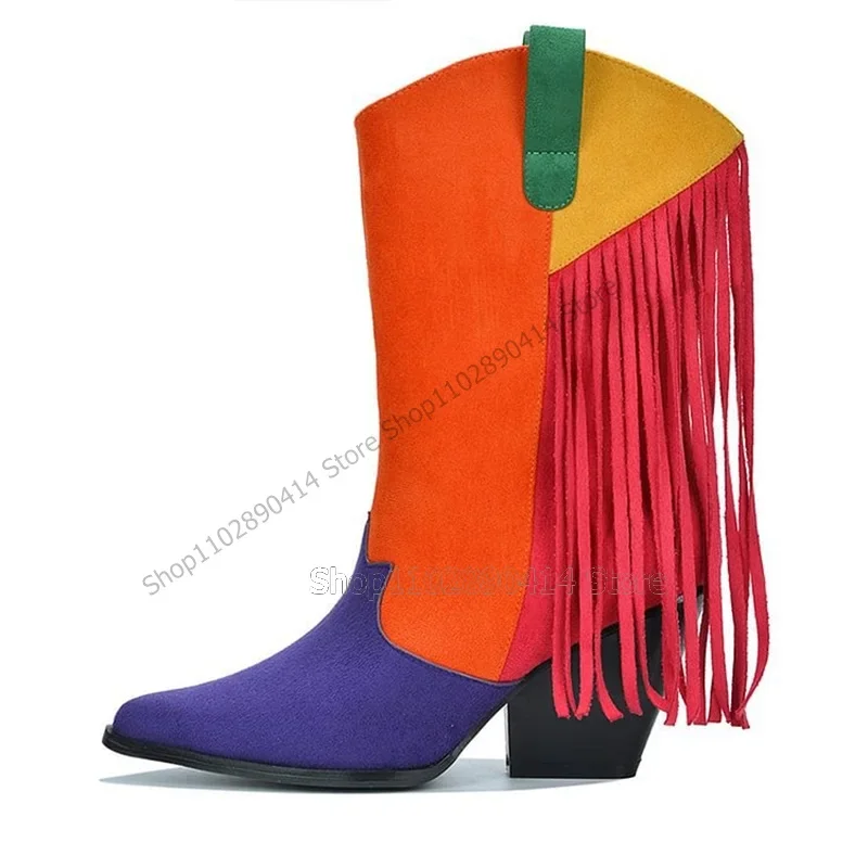 

Mixed Color Tassels Decor Patchwork Pointed Toe Boots Mid Calf Women Shoes Strange Style Heels Fashion 2023 Zapatos Para Mujere