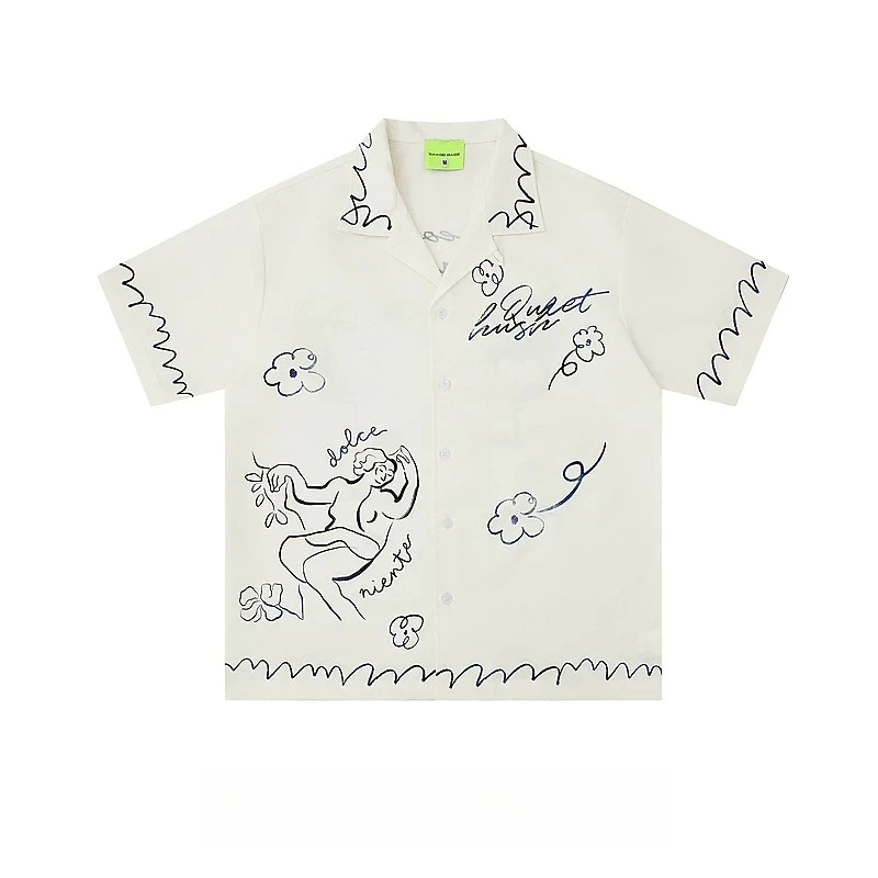 Men Vintage Hand Sketch Figure Floral Print Black Camp Collar Short Sleeve Shirt Beige Casual Summer Streetwear Blouse