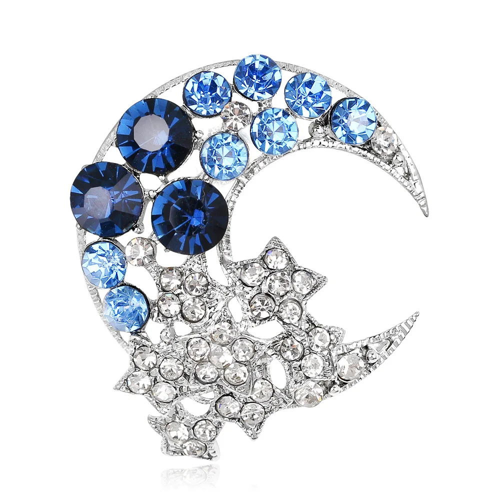 Broche Estrela e Lua Strass para Mulher, Cristal Elegante, Brilhante, Broche para Roupas, Alfinetes de Mochila, Festa e Escritório, Joalheria, Moda